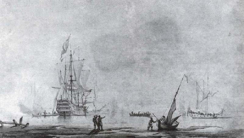 A two-decker man-o-war,stern quarter view,and a yacht in a quiet estuary, Monamy, Peter